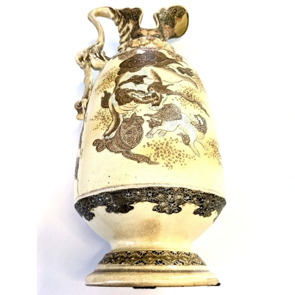 Antique Japanese Satsuma Moriage Ewer Pitcher Vase Vintage Hand Painted 17 Inch